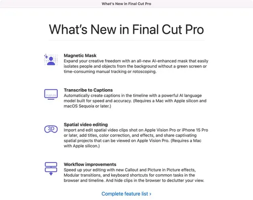 애플은 공간 비디오 편집, 자막 생성 등 기능을 포함한 Final Cut Pro 11을 출시했습니다.